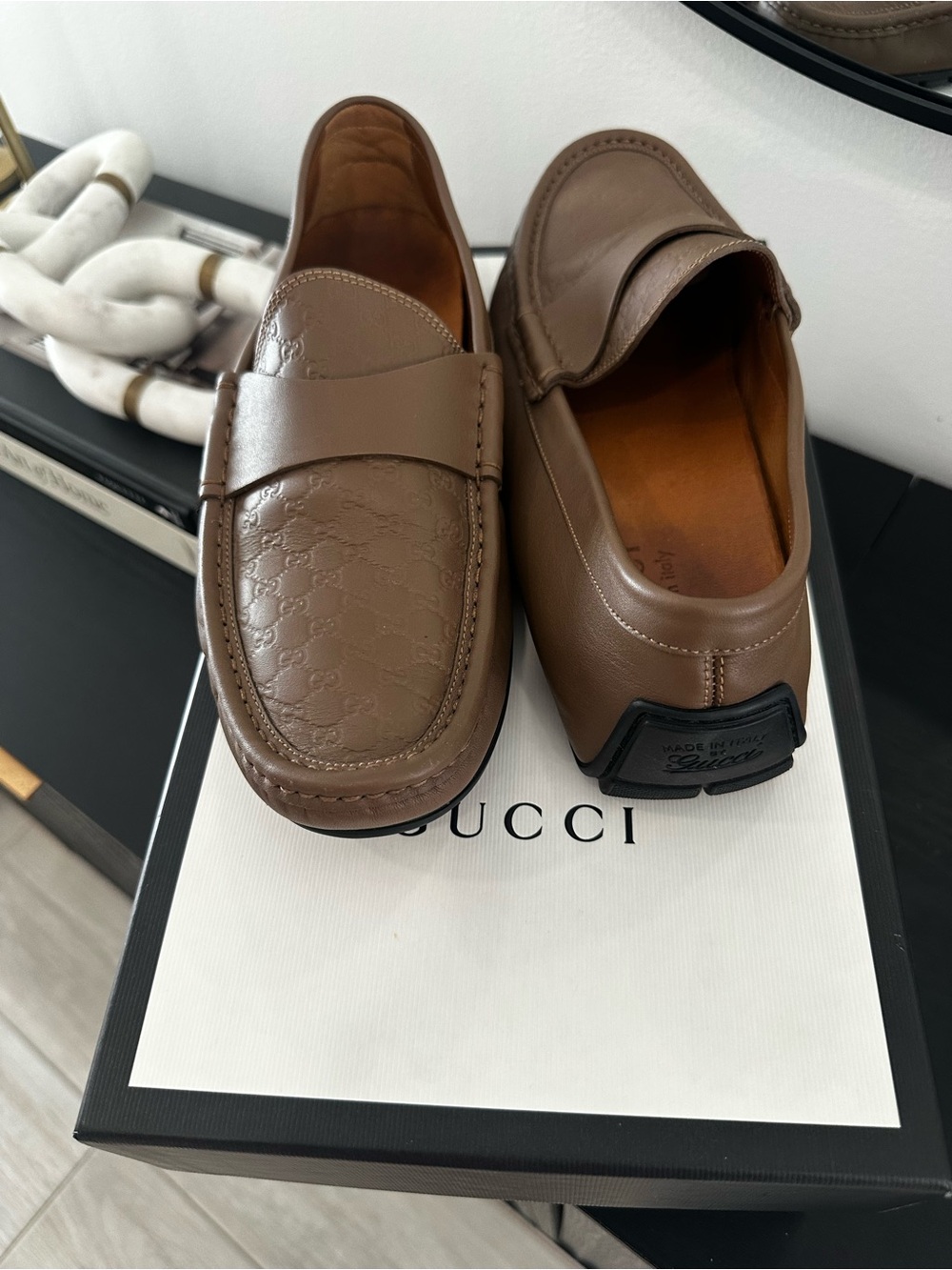 Gucci Brown Leather Embossed Penny Loafers